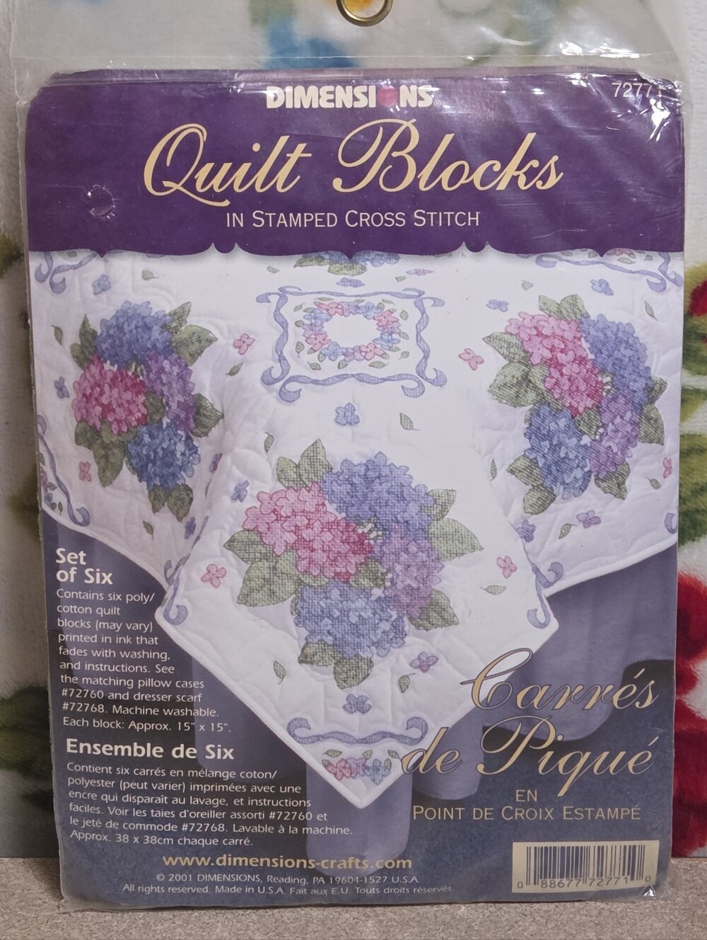 2001 Dimensions Quilt Block Kit Stamped For Cross Stitch Hydrangea & Ribbons